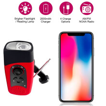 Radio FM portatile con torcia a LED, potenza 2000 mAh, colore rosso, per meteo di emergenza a manovella
