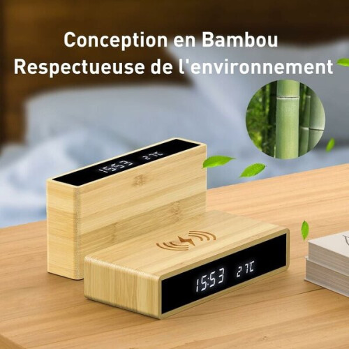 Bamboo Digital Alarm Clock with Wireless Charging, Digital LED Morning Alarm Clock with Snooze Function, 2