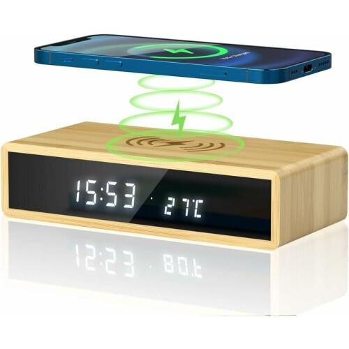 Bamboo Digital Alarm Clock with Wireless Charging, Digital LED Morning Alarm Clock with Snooze Function,