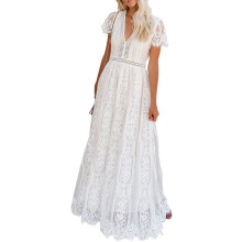 Dames bloemenkant trouwjurk V-hals korte mouwen bruidsmeisjesfeest maxi-jurk maat X