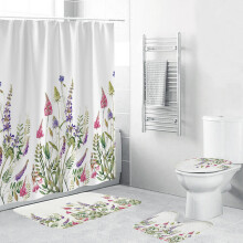 Tenda da doccia per bagno - Dreams Store - bianco-lavanda - set da 4 (tenda da doccia + set da 3 pezzi)
