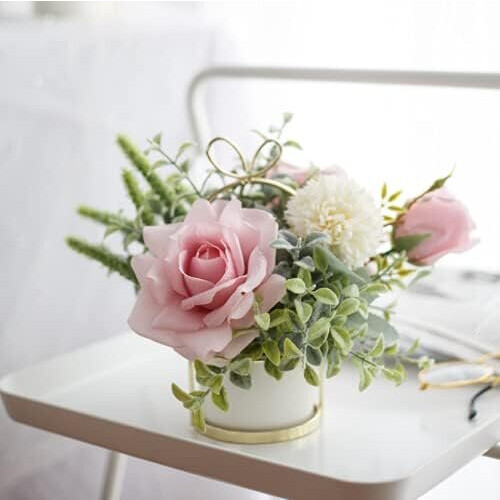 Artificial roses with ceramic pot - metal flower stand