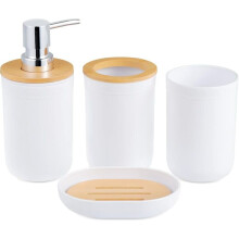 Badezimmer-Zubehör-Set, 4-teiliges Badezimmer-Zubehör-Set aus Bambus mit Zahnbürstenhalter, Mundwasserbecher,