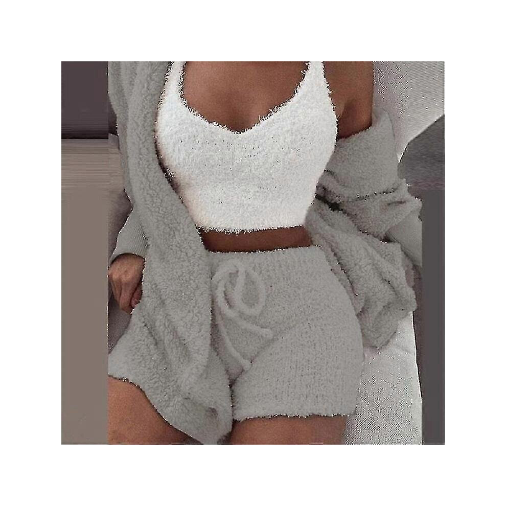Ensemble pyjama 3 pièces en peluche, gilet et short en peluche, vêtements de détente décontractés, gris