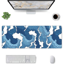 Japanse blauwe en witte zee golven muismat XL verlengd bureau-onderlegger antislip rubberen basis gestikte