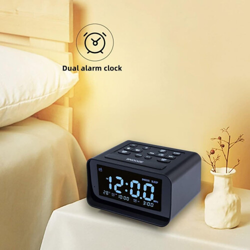 Digital alarm clock radio with temperature display - black