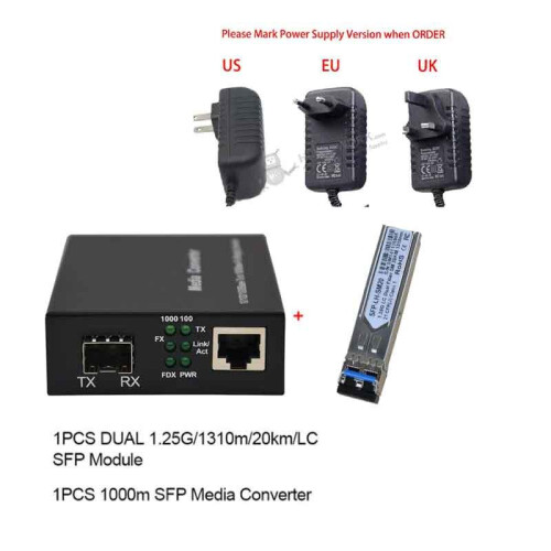 Osmond 5 Paires Mini Convertisseur Média Fibre Optique Gigabit 100/1000Mbps SC Vers RJ45 - 20Km