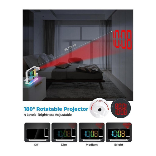 Projection alarm clock, 7.4 inch "Led Mirror" digital clock display, +180 rotating projector, night