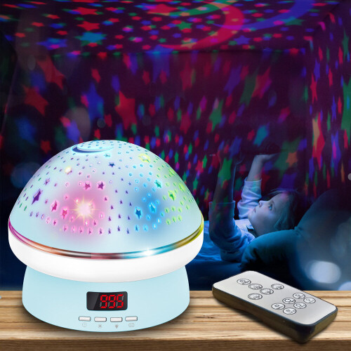 Blue - Children's night light with multi-colored star light, remote control, 360 rotation and timer