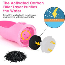 Roze - draagbare hondenwaterfles met actief koolfilter 300 ml, reiswaterfles en hondenvoer