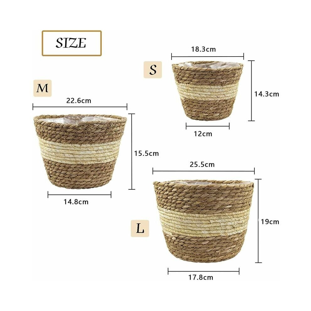 3 stuks zeegras plantenmand, 3 maten, gevlochten plantenpotten, bloempothoes, opbergmand, plantenbakken