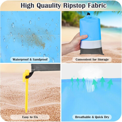 Grigio + Blu - Coperta da spiaggia, 210x200, resistente alla sabbia, con 4 picchetti, portatile e resistente
