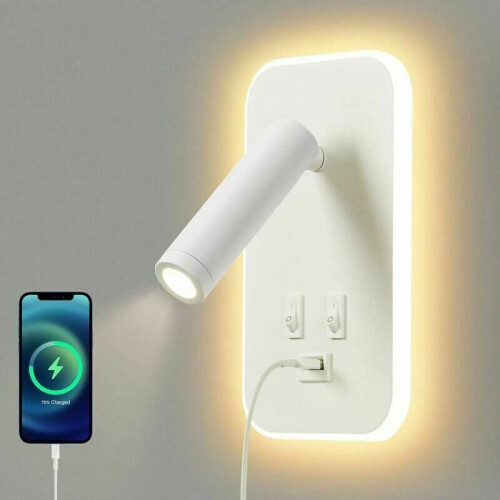 LED wall lamp, bedside reading light with switch, USB charging port, adjustable mood lighting for the