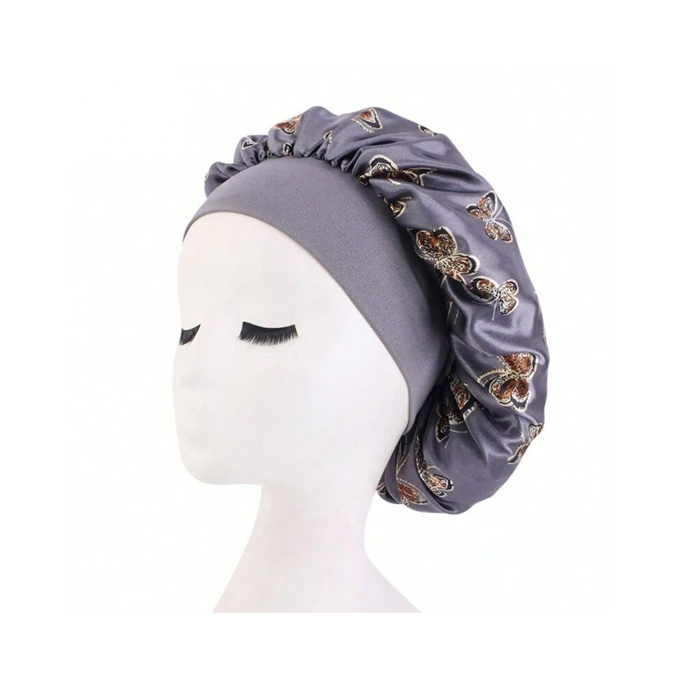 (6EE604973-D) Butterfly Print Satin Sleeping Cap Wide Brim Nightcap Hair Care Turban Chemo Hat for Washing Face Skin-caring Make-up