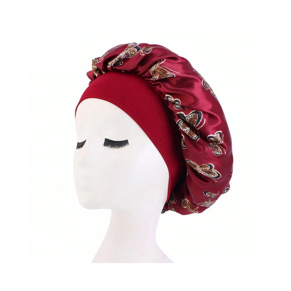 (6EE604973-R) Butterfly Print Satin Sleeping Cap Wide Brim Nightcap Hair Care Turban Chemo Hat for Washing Face Skin-caring Make-up
