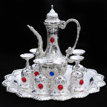 (As show, One size) High-grade Silver Wine Glass Wine Set Chinese Style Set Retro Teapot Tea Set Home Hotel Gift 8 Pieces Set (8pcs, Silver)
