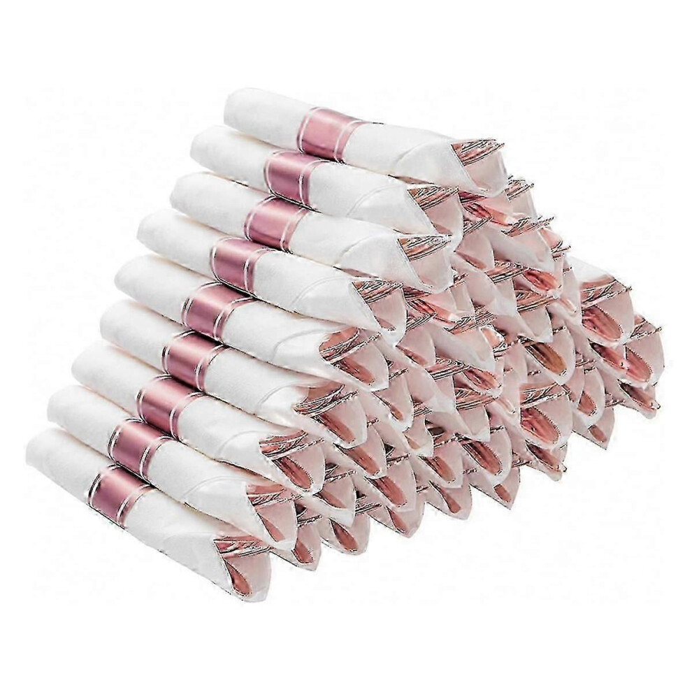 (As show, One size) Pre Rolled Silver Plastic Silverware Set,Pre Rolled Napkins with Silver Cutlery Set for ,Birthday Rose Gold