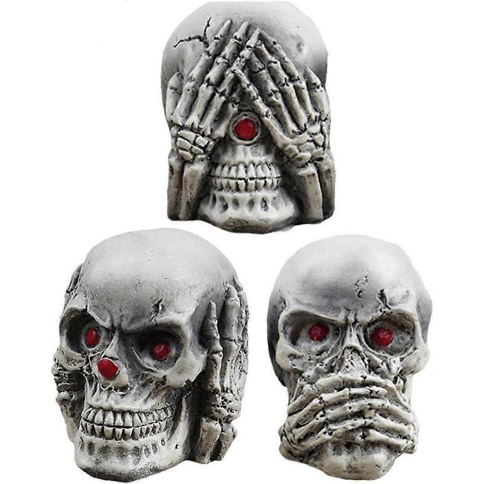 Kikidex (As Show, One Size) Halloween Skulls Ornament, See Hear Speak No Evil Mini Skull Head Figurines Macabre Halloween Gothic Home Dcor3pcswhite