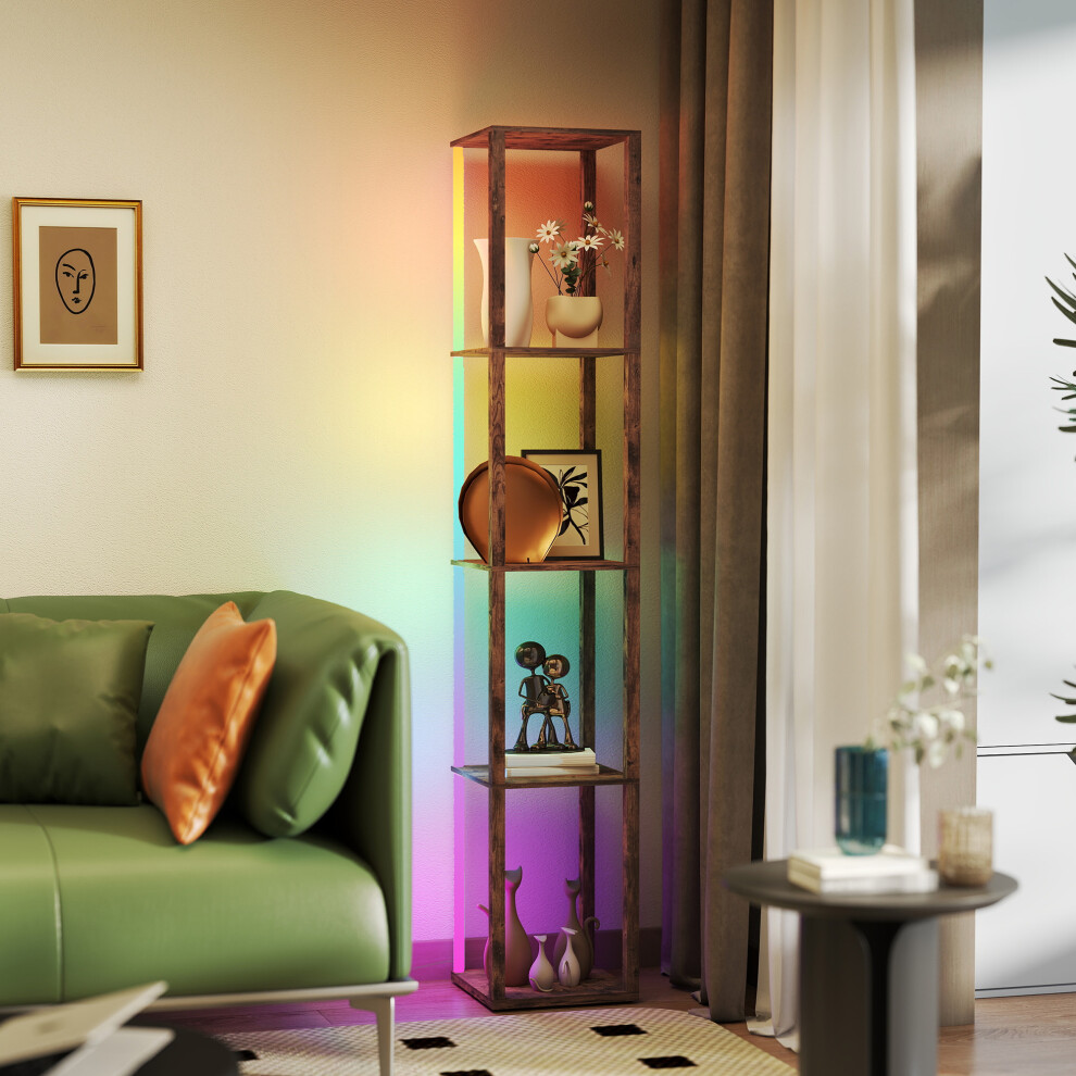 HOMCOM RGB LED Floor Lamp with Shelves and Remote Control, Rustic Brown