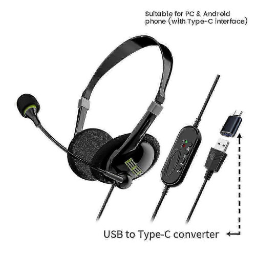 (As show, One size) USB Computer Headset Business Operator Special Headset Wired Headset In-Line Control Headset with Typec Adapter 2