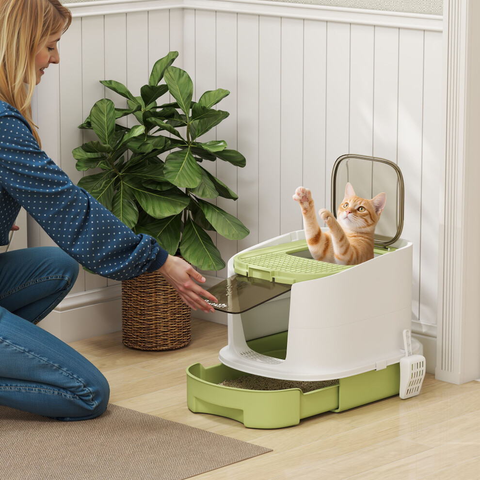 Pawhut (Green) Cat Litter Box, Hooded Cat Litter Tray With Lid, Scoop Green