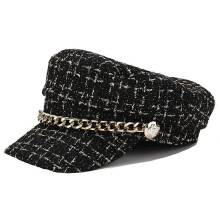 (As show, One size) Women PlaidTweed sboyBakerBoy Hat CaptainSailor Fisherman Hat PeakedBeret with Chain Ref: 6497