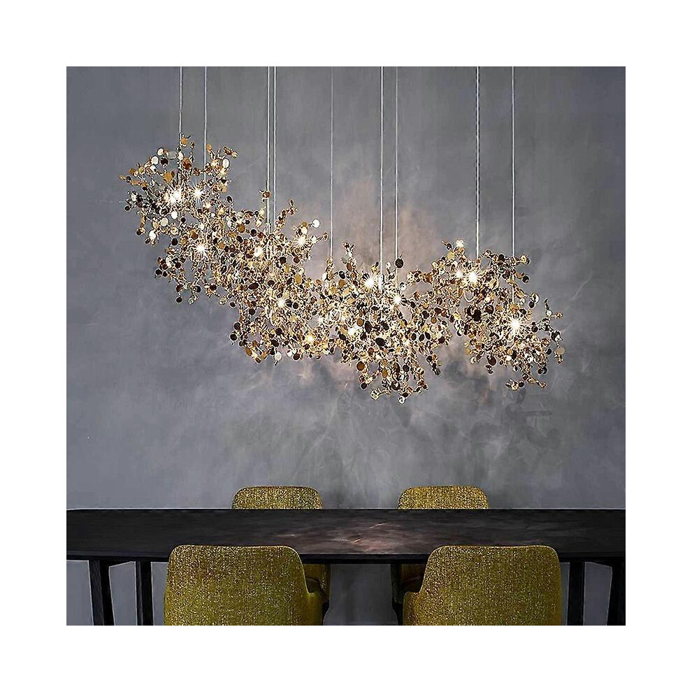 (As show, One size) Nordic modern personality stainless steel chrome leaf LED chandelier living room lamp bar table lamp dining room chandelier