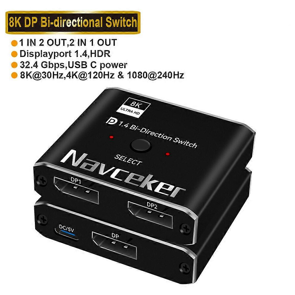 (As show, One size) 2023 Displayport 1.4 Switch 8K Displayport Bi-direction splitter switcher Displayport KVM 2X1 1X2 Display-port 8K@30Hz,4K@120Hz