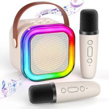 (Beige 2pcs, One size) Karaoke Machine for Kids Adults, Portable Bluetooth Mini Karaoke Microphone Singing Speaker with 2 Wireless Mic and Light,Gifts Toys for All Smartphon