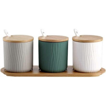 (As show, One size) Seasoning Bottle Box Spice Containers Can Ceramic Sugar Pots Set with Spoons Lids for Loose Tea Coffee (white+ Grey+green) (3pcs)