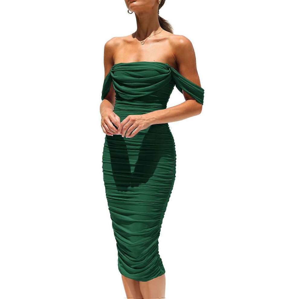 (M, a4) Womens Summer Off The Shoulder Ruched Bodycon Dresses Sleeveless Fitted Party Club Midi -GSL-image-OPC-PHJWSG2-NEW
