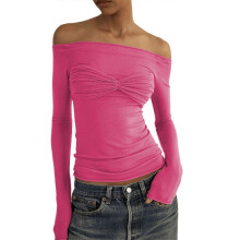 (Rose Red, M) Sexy Sheer Mesh Slim Crop Tee Shirts Women Casual Long Sleeve Slash Neck Summer Basic Skinny Ribbed Clothing