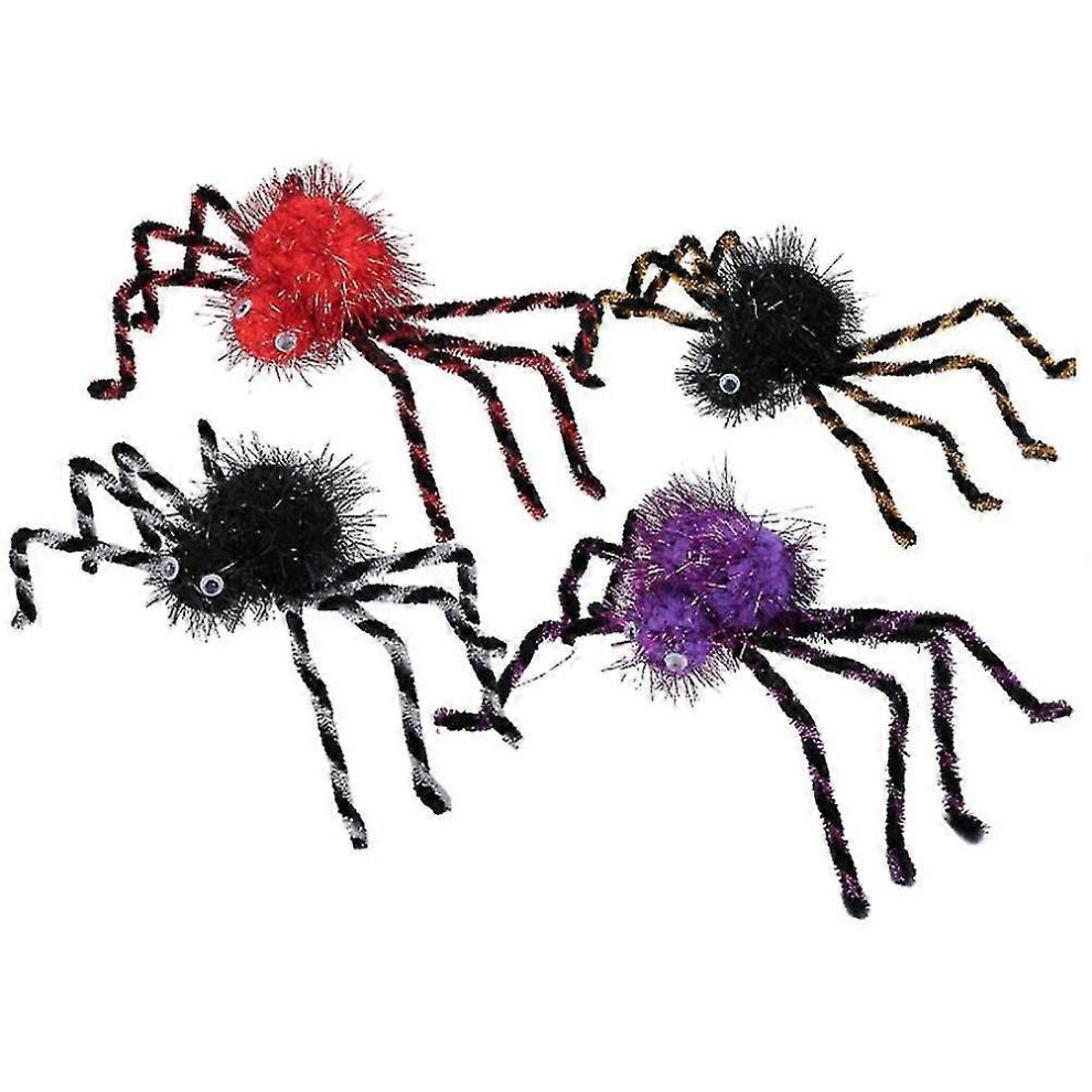 Kikidex (As Show, One Size) Halloween Plush Spider Decoration (Black Red Purple White)4 Pcs Black,Red,Purple