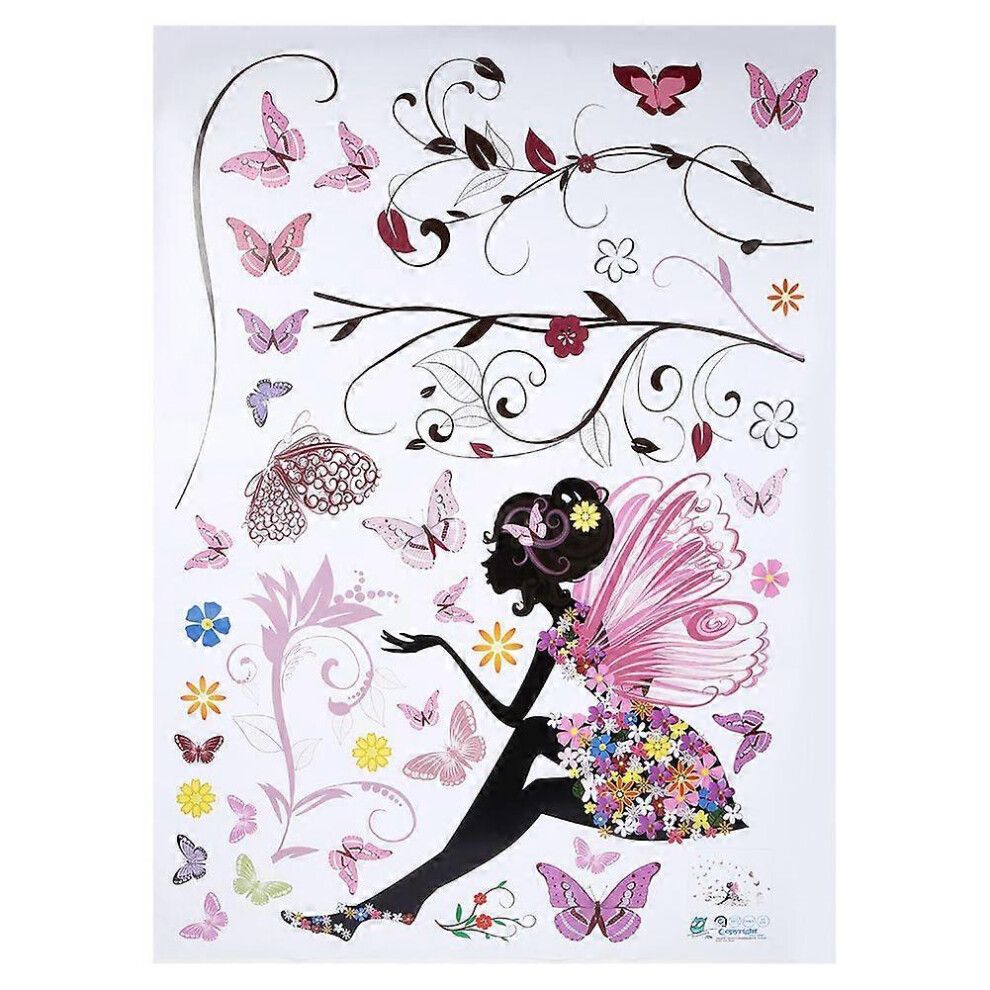(As Show, One Size) Pvc Wall Sticker Fairy Flower Butterfly Vinyl Art Decal Girl Bedroom Home Decor Removable Kikidex