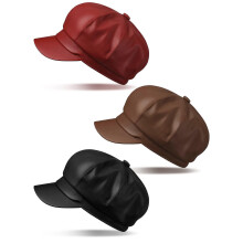(As show, One size) 3 Pcs Women sboy Hats Leather Visor Beret Cabbie Hat 8 Panel Vintage Women Fiddler Cap Faux Leather Baker Hat Ref: 5263