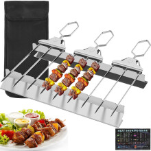 (As show, One size) 3 Way Stainless Steel Skewers for Grilling, Grill Skewers Set with Meat BBQ Guide Silicone Brush,Metal Skewers,BBQ Accessories -GSLA
