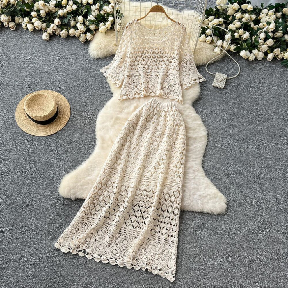 Dimanaf 2025 New Skirt Suit Women Knitting Beach Short Sleeve Lace Hollow Out Sexy O-neck Hollow Summer Style Tops Tees Loose Basic