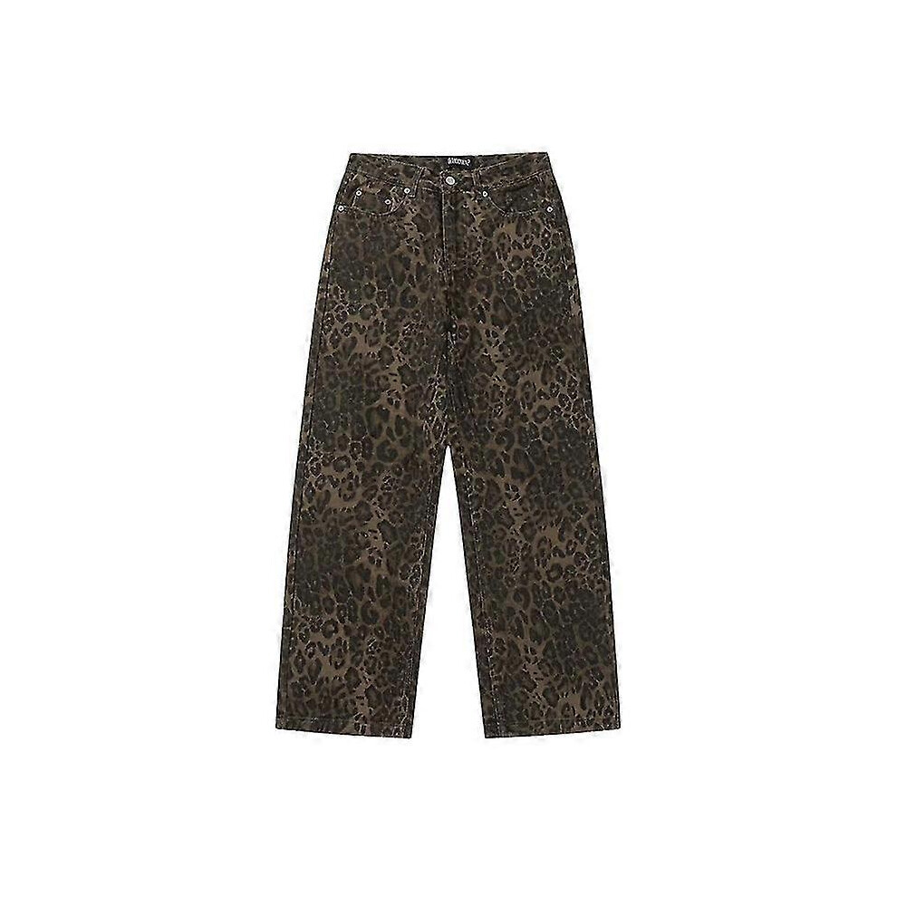 (M, One size) Tan Leopard Jeans Women Denim Pants Female Oversize Wide Leg Trousers XinHang