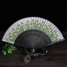 (As show, One size) Folding Fan Chinese Fan Outdoor Ladies Decorative Bamboo Wood Silk Peacock Hand Fan (Color: 4, Size: 8.4 inches)