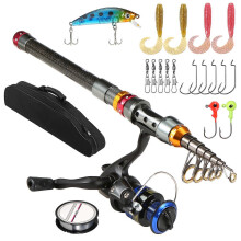 (As show, One size) Portable Lure Rod Set Spinning Reel Fishing Rod Combos Full Kit Telescopic Fishing Rod Pole with Reel Line Lures Hooks Fishing Gear Accessories Organi