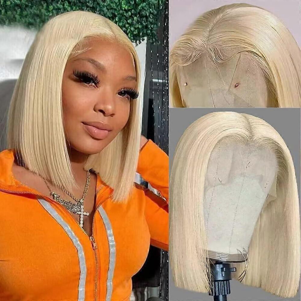 (As show, One size) Blonde Blunt Cut Bob Wig Human Hair 13X4 HD Lace Front Wig Pre Plucked