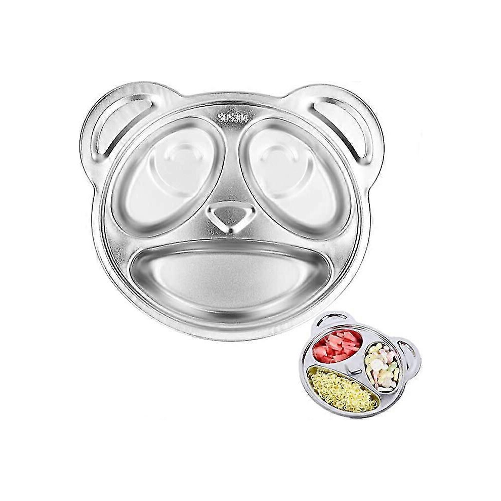 (As show, One size) Kids Divided Plate, 3-compartment Panda Shape Stainless Steel Toddler Plates Portion Control Food Snack Tray BaoPeng