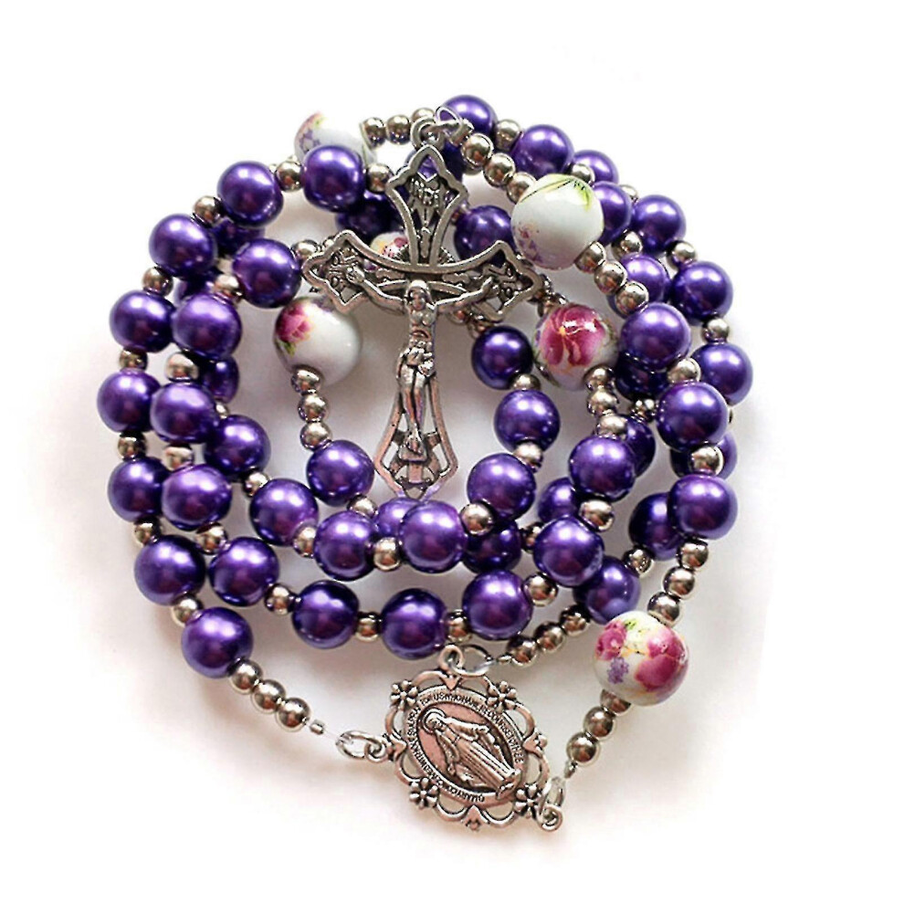 (As show, One size) Ceramic Rustic Pearl Catholic Rosary Necklace Beads Holy Figure Jesus Charm BAOPENG