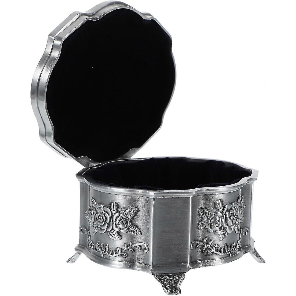 (As show, One size) Metal Alloy Jewelry Box Oval Finger Ring Chest Earrings Storage Case Embossed Rose Flower Pattern Trinket Box Finger Rings Keepsake For Girls Ladies H