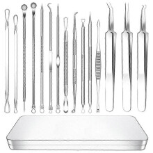 (As show, One size) Acne Needle Set Cell Clamp Acne Removal Blackhead Clamp Tweezers Pimple Squeezing Needle Beauty Needle(Color:Silver)(15pcs)