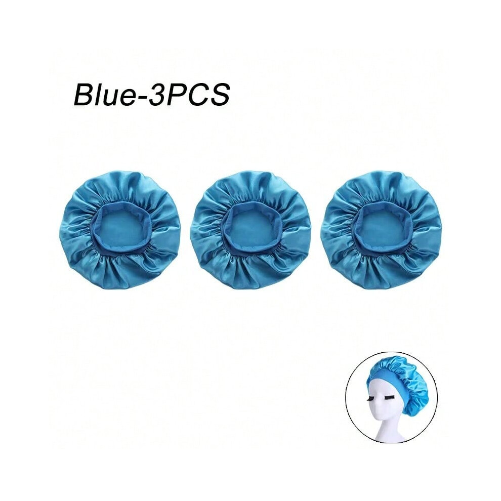 (Blue-3pcs) New Women's Satin Solid Wide-brimmed Sleeping Hat Unisex Head Wrap Elastic Band Cap Hair Care Bonnet Night Hat bonnet de nuit-image-OPC-PHJXXCT-NEW