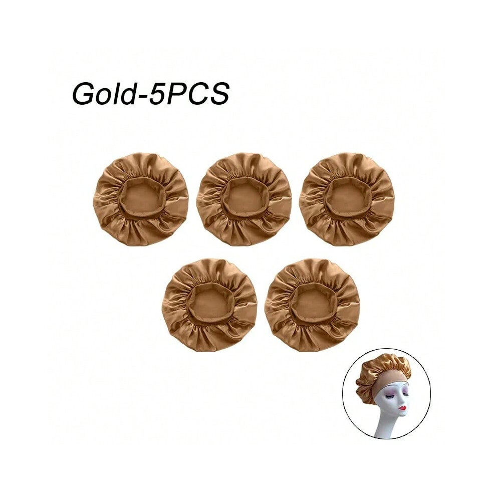(Gold-5pcs) New Women's Satin Solid Wide-brimmed Sleeping Hat Unisex Head Wrap Elastic Band Cap Hair Care Bonnet Night Hat bonnet de nuit-image-OPC-PHJXXDD-NEW