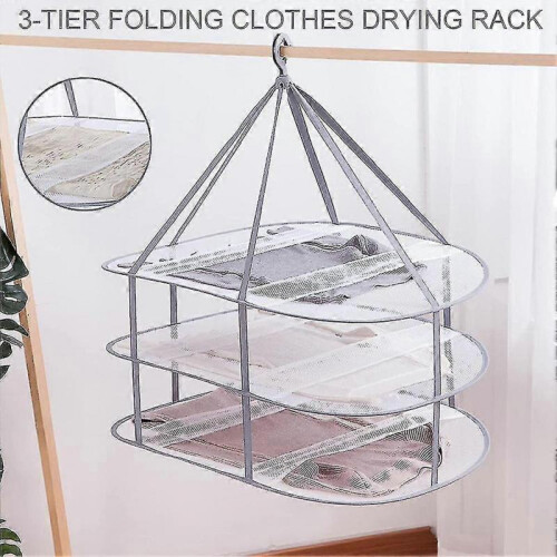 3-tier Sweater Drying Rack Hanging Clothes Hanging Dryer Laundry Mesh Drying Rack, Foldable Clothin 2
