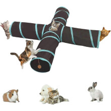 Interactive, collapsible, lightweight 5-tunnel maze in crinkle fabric with pom pom and bells for cats, bunnies, kittens, puppies, ferrets or guinea pi