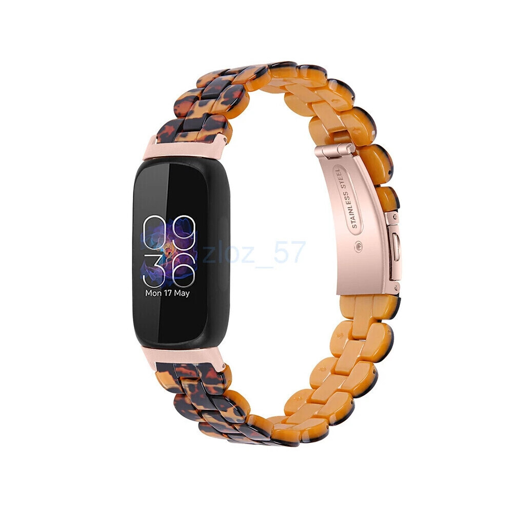 (Leopard) For Fitbit Inspire 3 Fashion Luxury Resin Strap Stainless Steel Watch Band New Light 6963793676293